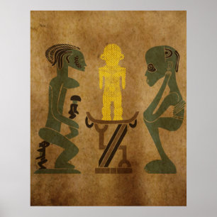 Póster escena ritual de guerrero tribal grabado en roca