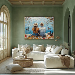 Póster Escena romántica a orillas del lago con patos y pa