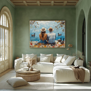Póster Escena romántica junto al lago con patos y pareja