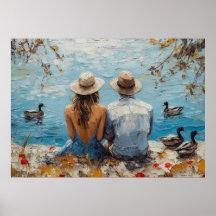 Escena romántica junto al lago con patos y pareja
