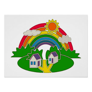 Póster Escena rural personalizado con arcoiris y casa de
