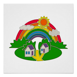Póster Escena rural personalizado con arcoiris y casa de 
