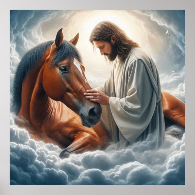 Póster Escena serena de compasión con Jesús y caballo (Frente)