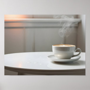 Póster Escena serena: Mesa blanca con una copa de vapor