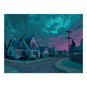 Póster Escena suburbana del crepúsculo azul verdoso surre