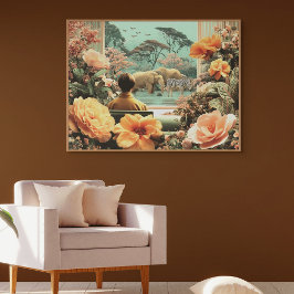 Póster Escena surrealista de safari con elefantes y cebra