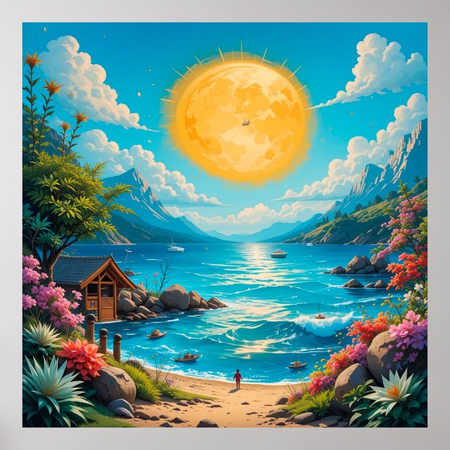 Póster Escena tropical de playa con flores vibrantes (Frente)