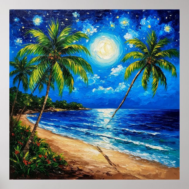 Póster Escena tropical de playa nocturna con palmeras (Frente)
