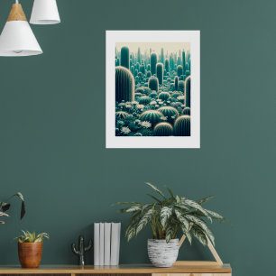 Póster Escena vibrante del desierto, cactus altos, siluet