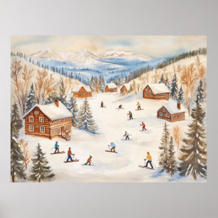 Póster Escena Vintage de Esquiadores de Invierno