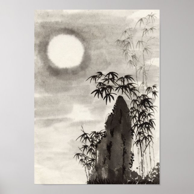 Póster Escenario de luna de la noche japonés sumi-e (Frente)