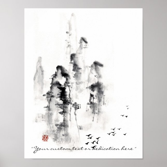 Póster Escenario de montaña de tinta sumi-e chinesa clási (Frente)
