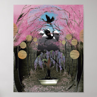 Póster Escenario japonés de flores de cerezo