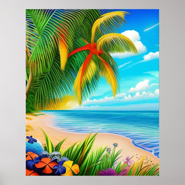 Póster Escenario Tropical Beach Palm Tree (Frente)