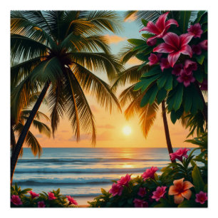 Póster Escenario tropical de playa con palmeras