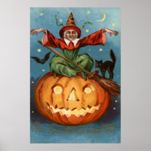 Póster Escoba de Bruja Gato Negro Linterna de Calabaza Bú