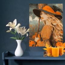 Escoba de Bruja Vintage Calabaza Halloween Elegant