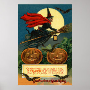 Póster Escoba de Bruja Volando Jack O Lantern Gato Negro