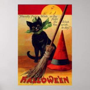 Póster Escoba de Gato Negro Sombrero de Bruja Luna Llena