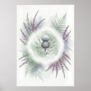 Póster escocés de cardo helecho brezo pastel