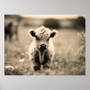 Póster Escocia Highland Calf Baby Cow Ministra Sepia