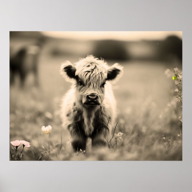Póster Escocia Highland Calf Baby Cow Ministra Sepia (Frente)