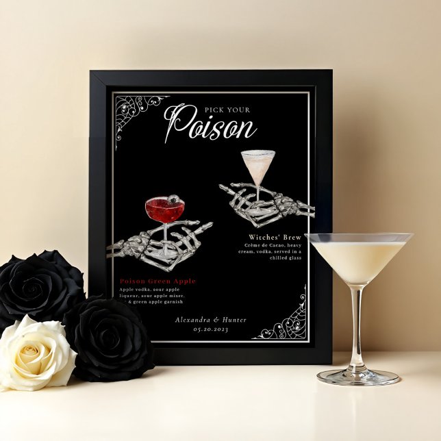Póster Escoja su bebida envenenada Boda de esqueleto (Pick Your Poison Skeleton Wedding Cocktails Drink Poster)