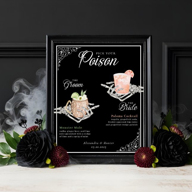 Póster Escoja sus cócteles de esqueleto envenenado de Nov (Pick Your Poison Skeleton Bride & Groom Cocktails Poster)