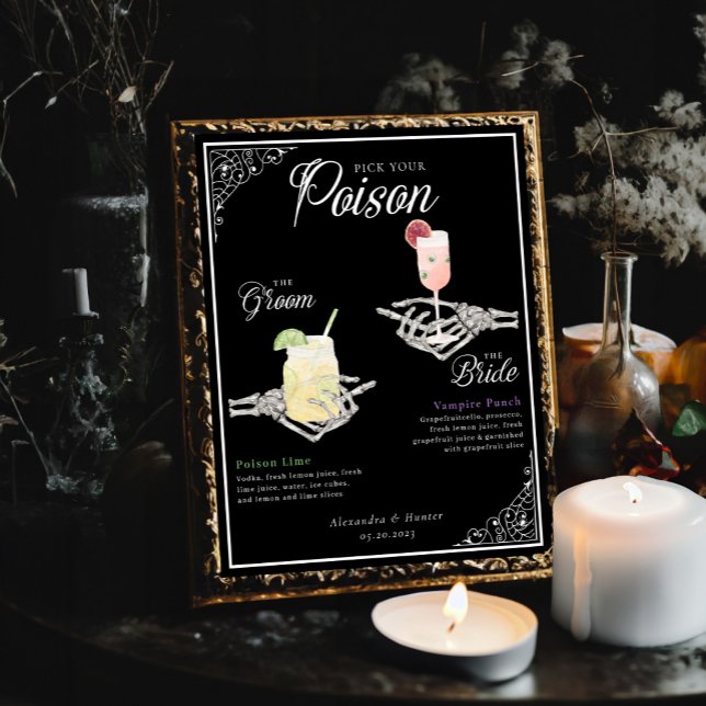 Póster Escoja sus cócteles de esqueleto envenenado de Nov (Pick Your Poison Skeleton Bride & Groom Cocktails Poste)