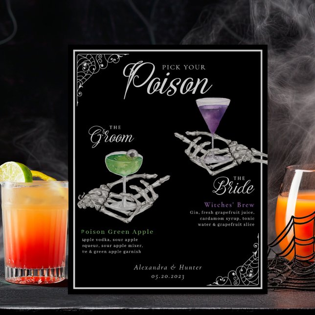 Póster Escoja sus cócteles de esqueleto envenenado de Nov (Pick Your Poison Skeleton Bride & Groom Cocktails Poster)