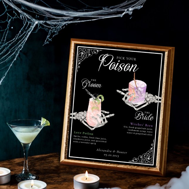 Póster Escoja sus cócteles de esqueleto envenenado de Nov (Pick Your Poison Skeleton Bride & Groom Cocktails Poster)