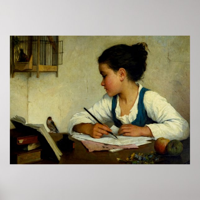 Póster Escribiendo Chica, Mascota Goldfinch por Henriette (Frente)