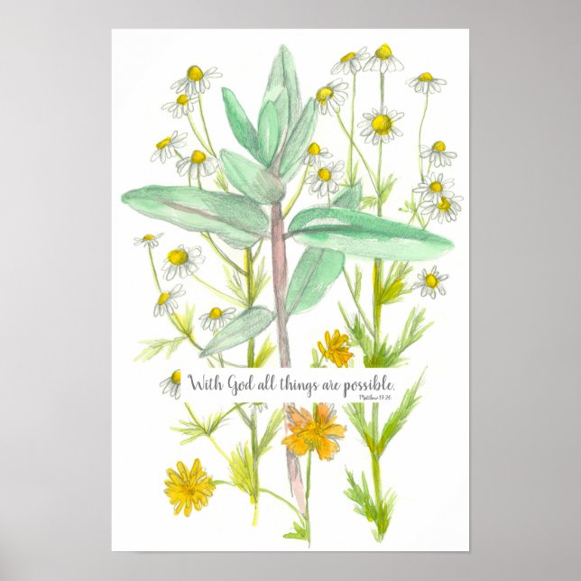 Póster Escritura Mateo 19:26 Biblia Verse Chamomile (Frente)