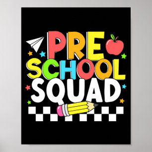 Póster escuadrón de preescolar feliz primer día de escuel