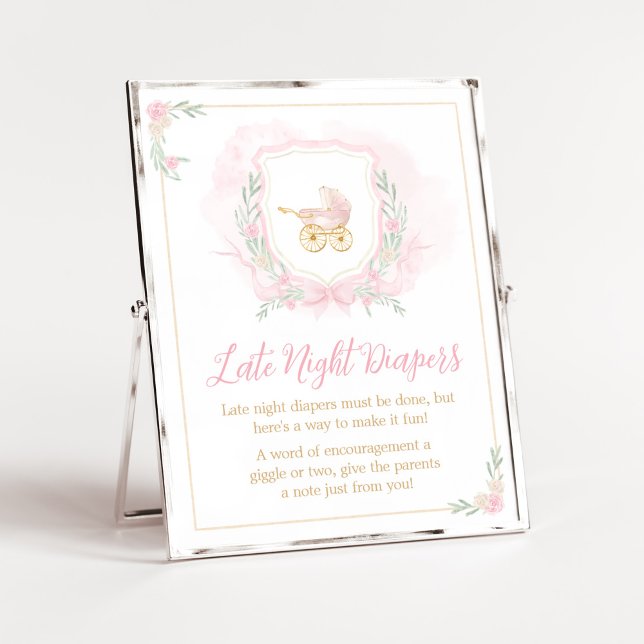 Póster Escudo de acuarela rosa (Blue Floral Pampas Grass Elephant Baby Shower Late Night Diapers Sign)