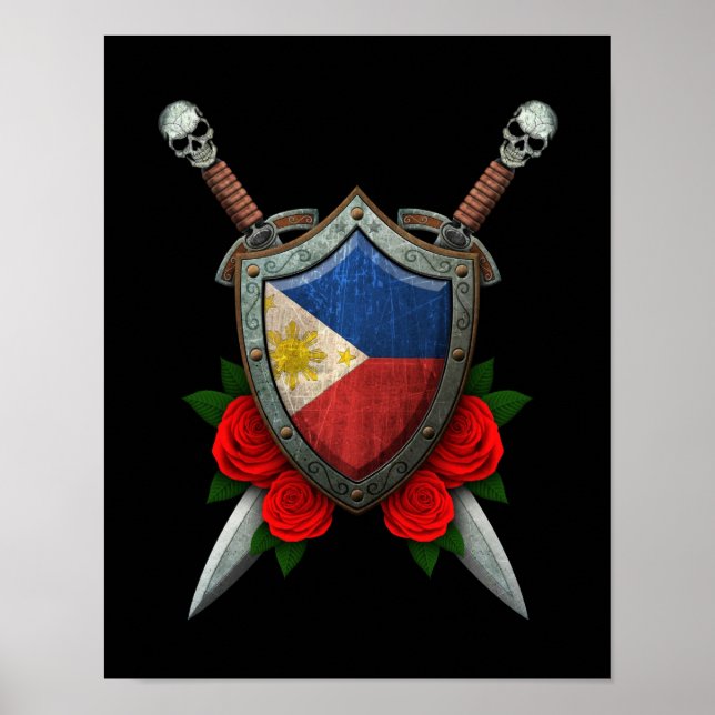 Póster Escudo de bandera filipina y espadas con Rosas (Frente)