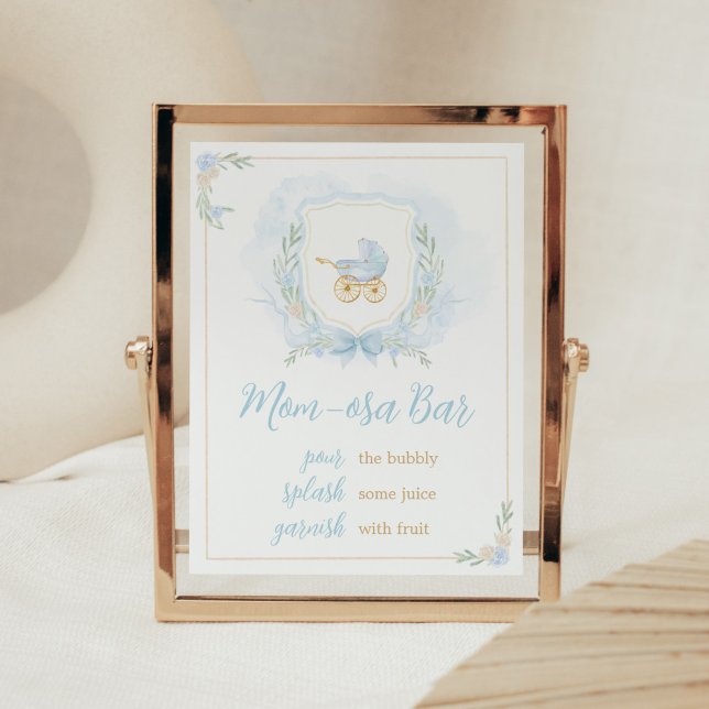 Póster Escudo de color azul Baby Shower Mom Osa Bar (Blue Gold Carriage Crest Baby Shower Mom Osa Bar Sign)