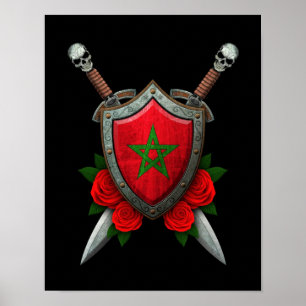 Póster Escudo de la bandera marroquí y espadas con Rosas