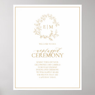 Póster Escudo de Leafy Gold Monograma Boda sin enchufe