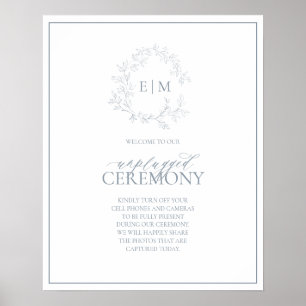 Póster Escudo Dusty Blue Leafy Monograma Boda sin enchufe