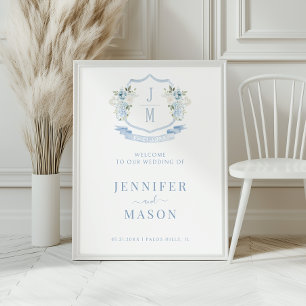 Póster Escudo Floral Azul Boda signo de bienvenida Poster