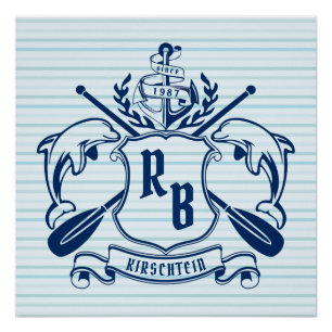 Póster Escudo Náutico Delfines Ancla Oars Shield Coastal