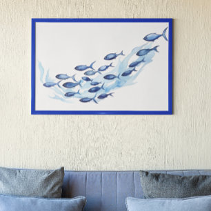 Póster Escuela azul acuarela de peces