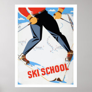 Póster Escuela de esquí, hombre en esquí, cartel de viaje