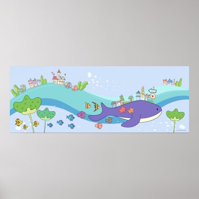 Póster Escuela de peces nadando en ciudad submarina (Frente)