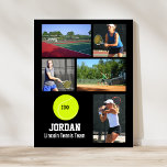 Póster Escuela personalizada de nombres de Collage de fot<br><div class="desc">Este poster de collage de fotos personalizado del equipo de tenis incluye tus fotos favoritas de tenis subidas, un gráfico de la pelota de tenis con el nombre de tu jugador y la escuela (o tu texto personalizado). Este diseño se ajusta con un color de fondo de su elección -...</div>