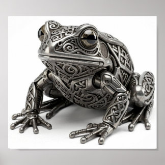 Póster Escultura Mecánica Intrincada de Rana de Plata Cel