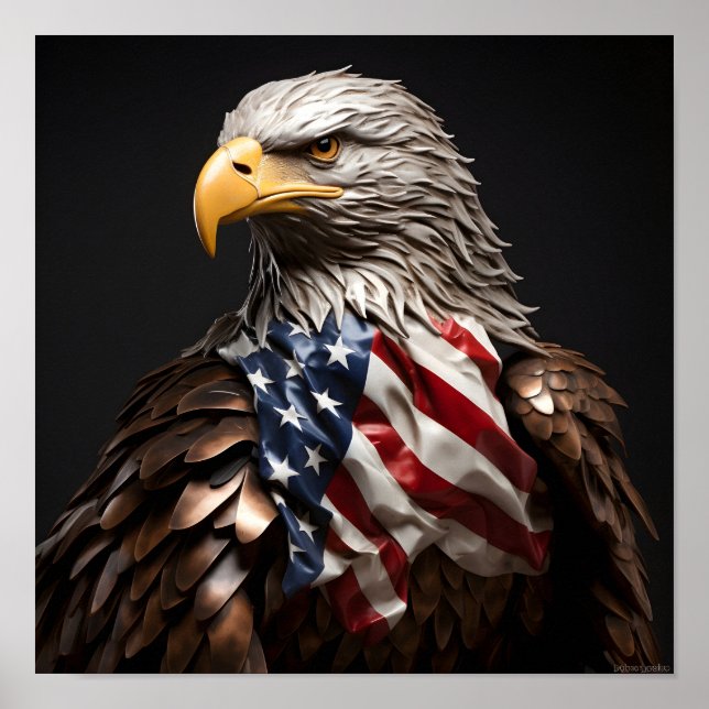 Póster Escultura metalizado del águila calva con bandera  (Frente)