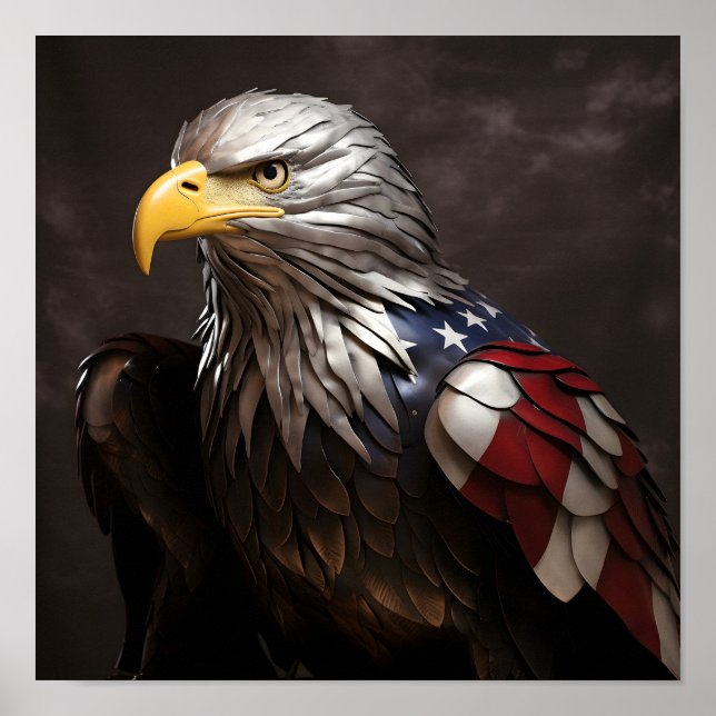 Póster Escultura metalizado del águila calva con bandera  (Frente)