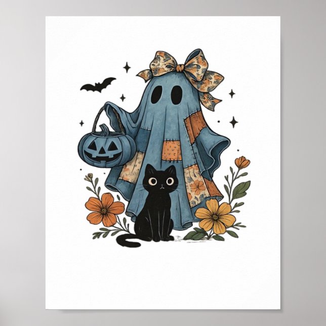 Póster Esencial T-Sh de gato negro fantasma de Halloween (Frente)